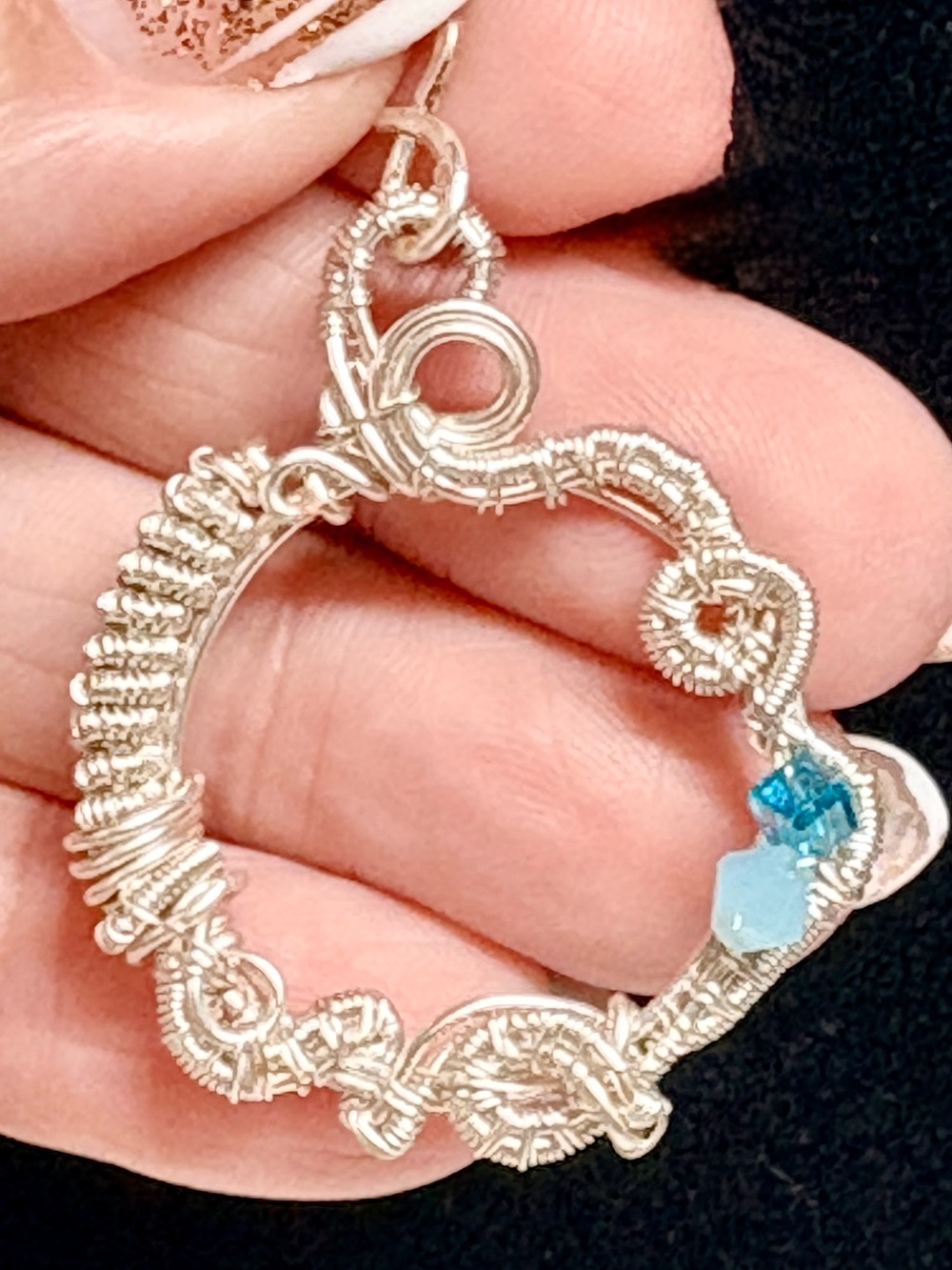 Artisan made Silver Wire medallion shaped Pendant with Blue Crystal Accent